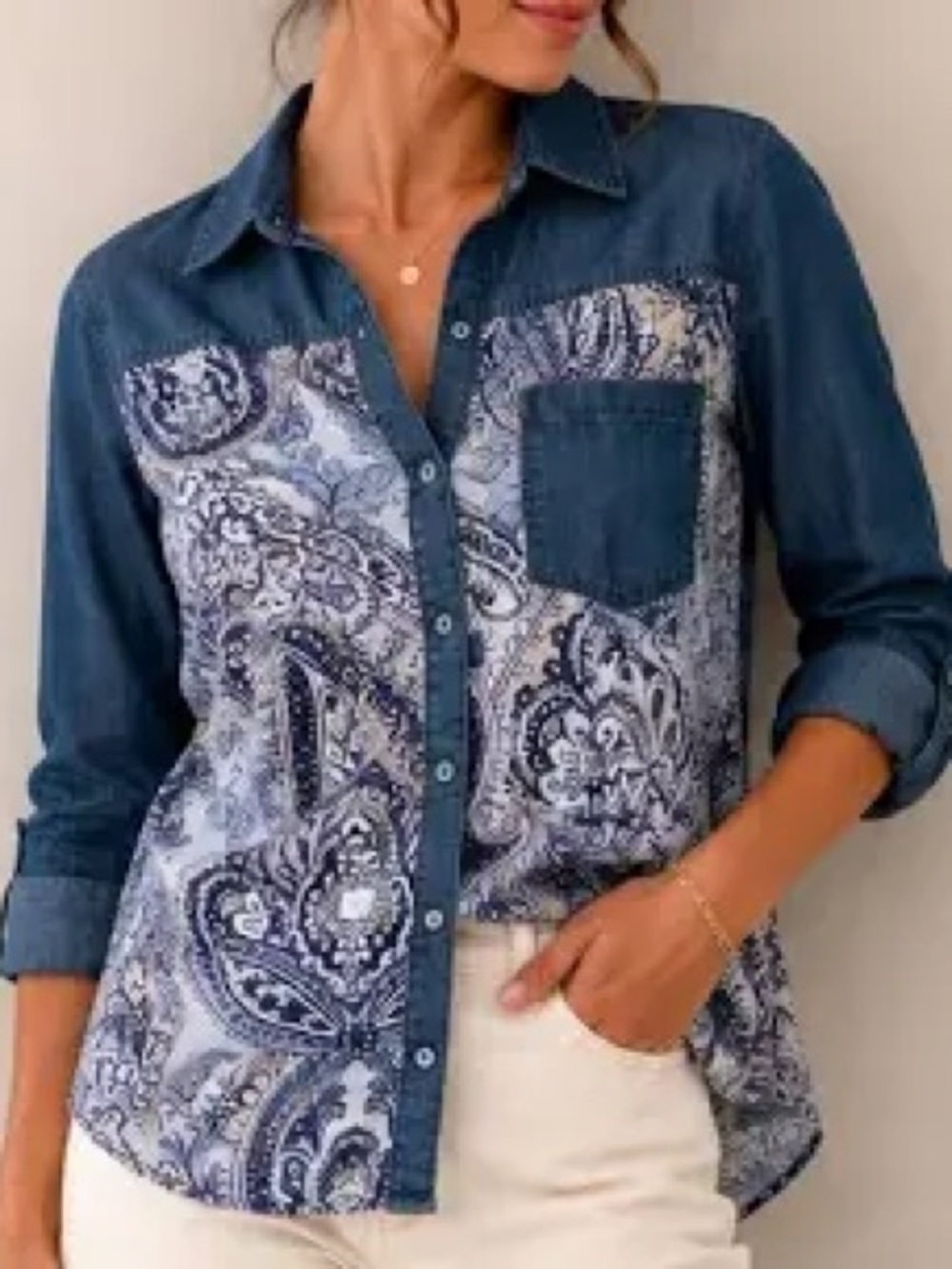 Chico's Blue Denim-Trim Paisley Button-Down Shirt